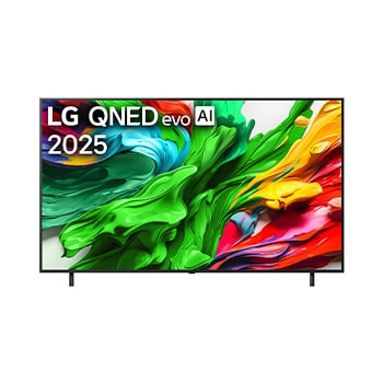 Front view of LG QNED evo QNED85 TV, LG QNED evo Al Logo on the top corner. LG QNED evo QNED85 TV depicts colorful paintike textures coming together.