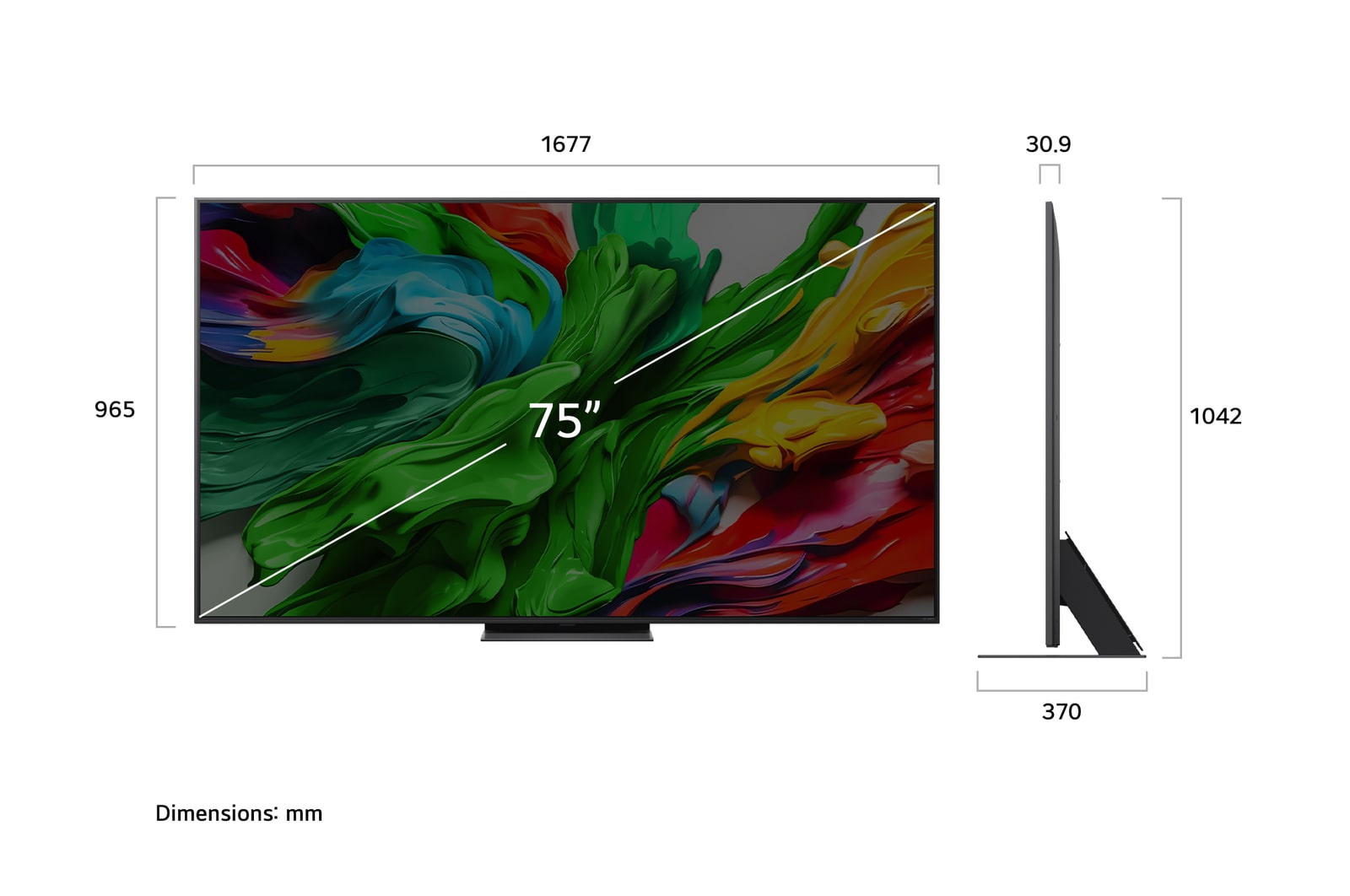Front view and side view of LG QNED evo AI QNED85 4K Smart TV showing its length, width, height, and depth dimensions.