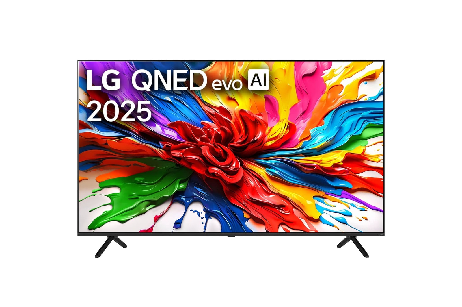 Front view of LG QNED evo QNED92 TV, LG QNED evo Al Logo on the top corner. LG QNED evo TV depicts colorful paintike textures coming together.