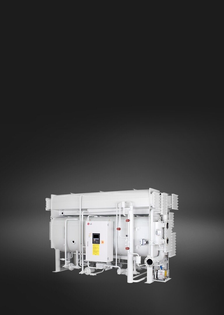 LG Absorption Chiller Direct Fired Type, showcased in a muted grey hue, consists of a series of linear and cylindrical pipe assemblies.