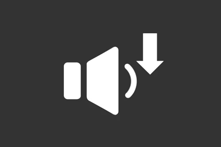 The white speaker with a simple design with a downward-facing arrow within a semicircle, indicating noise reduction.