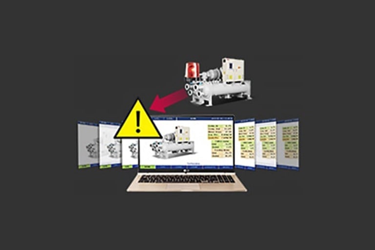 Laptop screen shows LG Water-cooled Screw Chiller and diagnosis data. Yellow triangle with exclamation mark placed at top left corner.