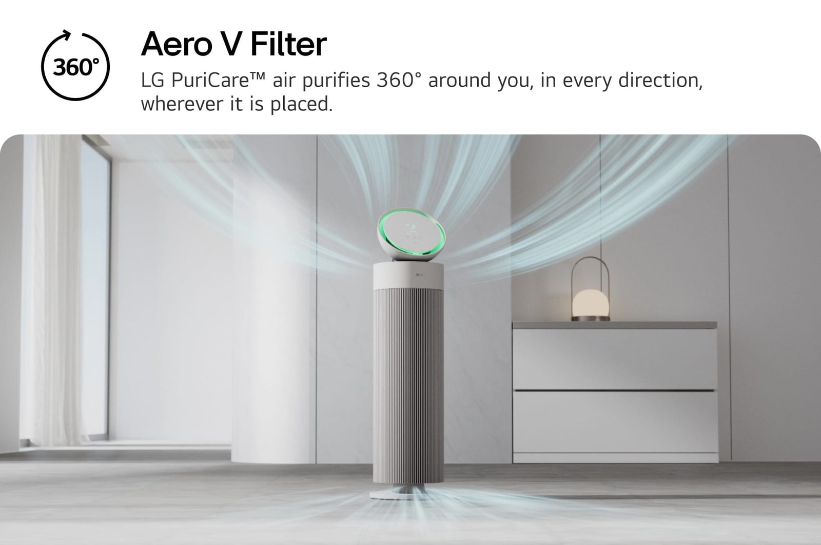 Image of an LG PuriCare air purifier in a minimalist room, emitting blue airflow graphics to illustrate 360-degree air purification. Text on the image reads 'Aero V Filter' and 'LG PuriCare? air purifies 360° around you, in every direction, wherever it is placed.'