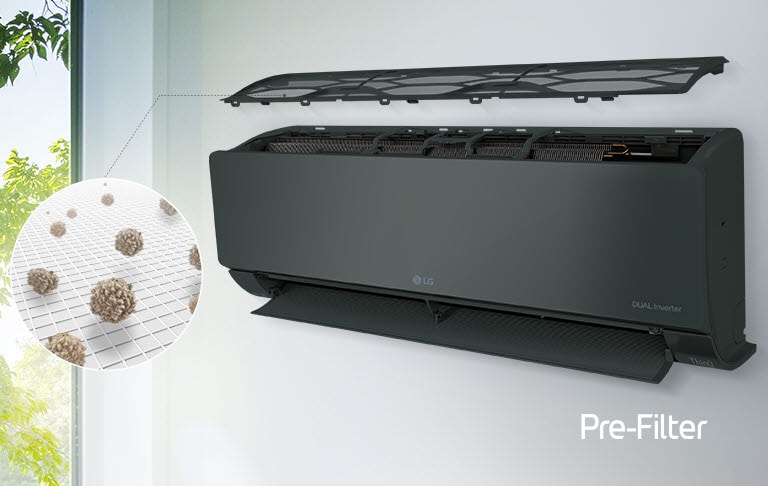 The LG air conditioner is installed on the wall and seen from the side angle. The top panel is flaoting above see the inner filters can be seen. A line from the pre-filter leads out to a magnified circle showing the dust caught in the pre-filter. Pre-Filter logo is shown in the bottom right corner.