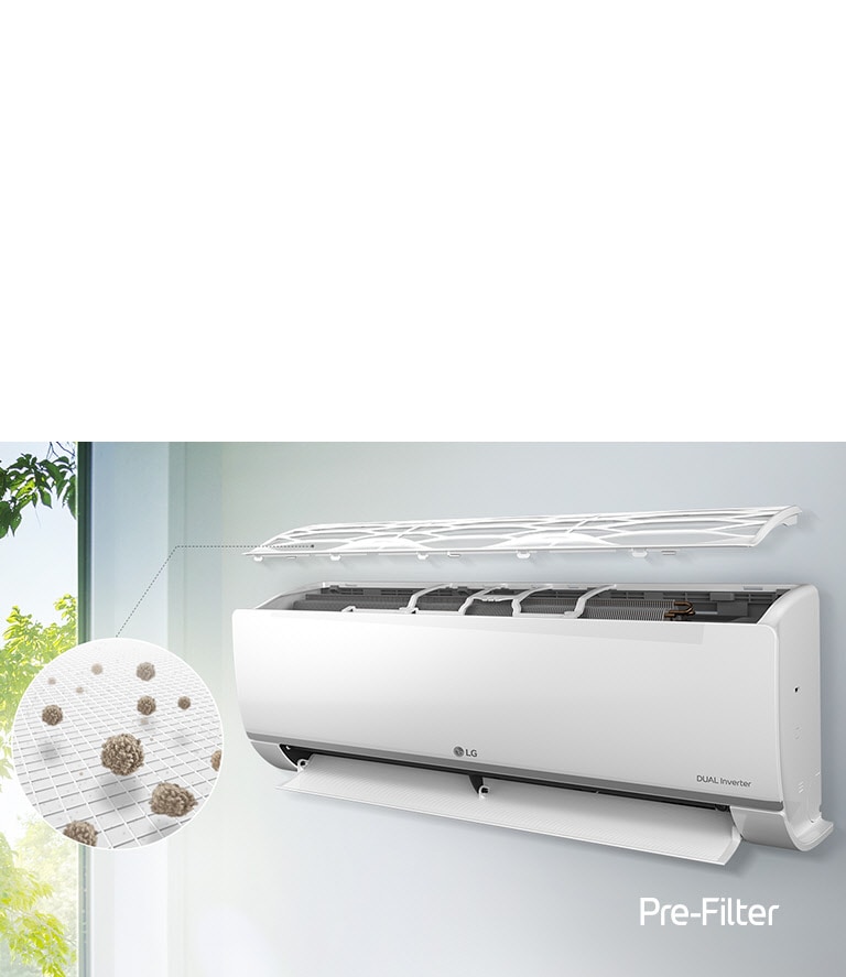 The LG air conditioner is installed on the wall and seen from the side angle. The top panel is flaoting above see the inner filters can be seen. A line from the pre-filter leads out to a magnified circle showing the dust caught in the pre-filter. The Pre-Filter logo is shown in the bottom right corner.