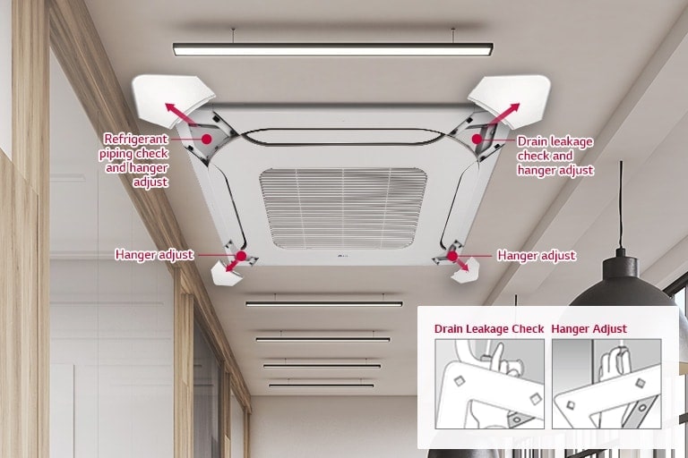 With four corner panels opened, the LG Ceiling-mounted unit reveals piping checks and hangers, leakage checks, and hanger adjustments on each side.