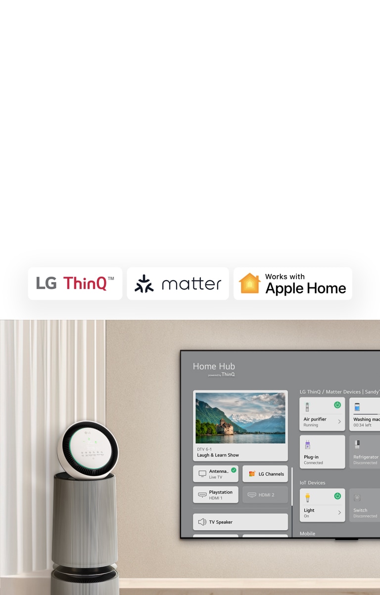 A logo of LG ThinQ?, matter, and Apple Home.   An LG TV mounted on a wall and an LG PuriCare? Objet Collection 360° on the left. The TV displays Home Hub and a cursor clicks &quot;Air purifier&quot; and the LG PuriCare? Objet Collection 360° is activated.