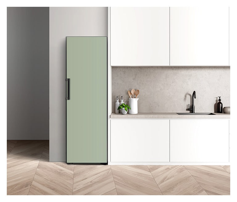 It shows mist mint color LG Larder Objet Collection is placed in a bright-tone modern kitchen.