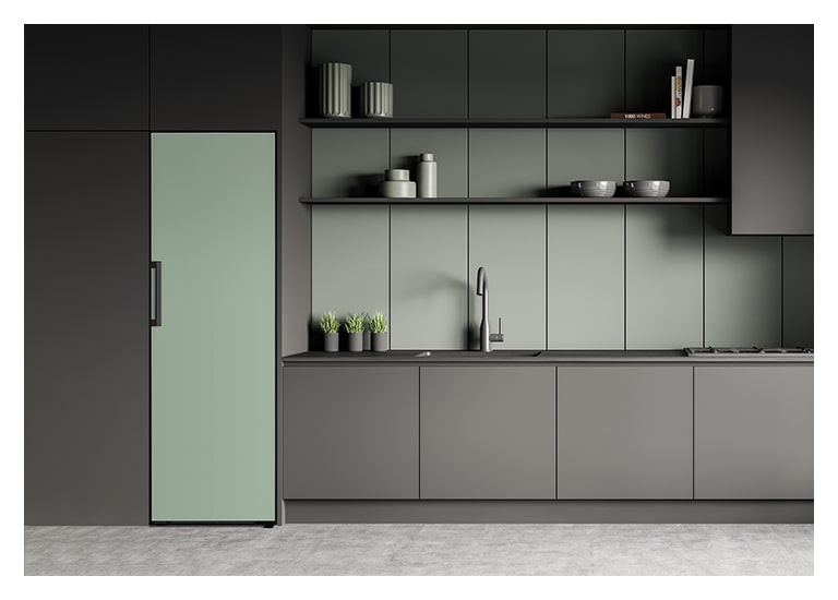 It shows mist mint color Larder placed in the kitchen
