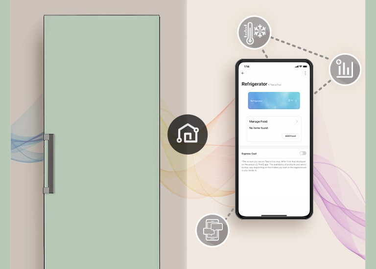 This image shows a mobile phone with a Larder and a ThinQ screen. Around the mobile phone, icons that introduce ThinQ functions are displayed.