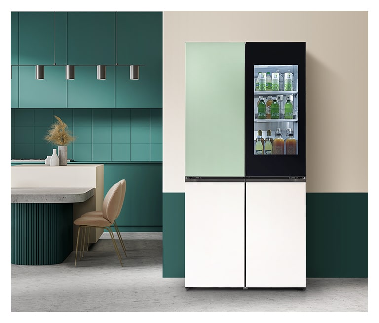 It shows mist mint&beige color LG French Door Objet Collection is placed in a green-tone modern kitchen.