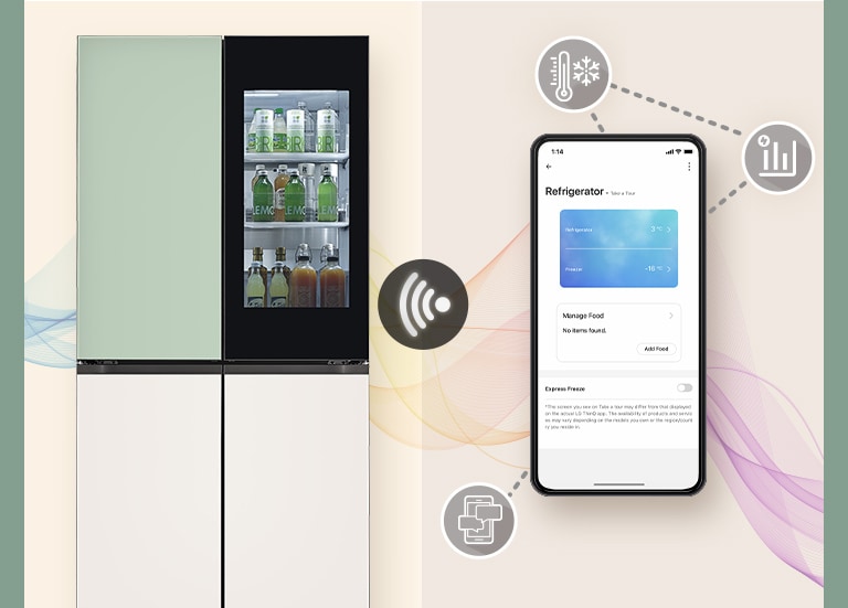 This image shows a mobile phone with a French Door and a ThinQ screen. Around the mobile phone, icons that introduce ThinQ functions are displayed.