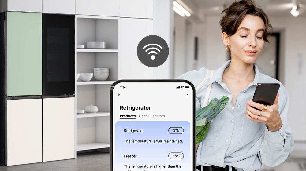 Image on the right shows a woman with a shopping basket looking at her cell phone. Image on the left shows the refrigerator front view. In the center of the images is an icon to show connectivity between the phone and refrigerator.
