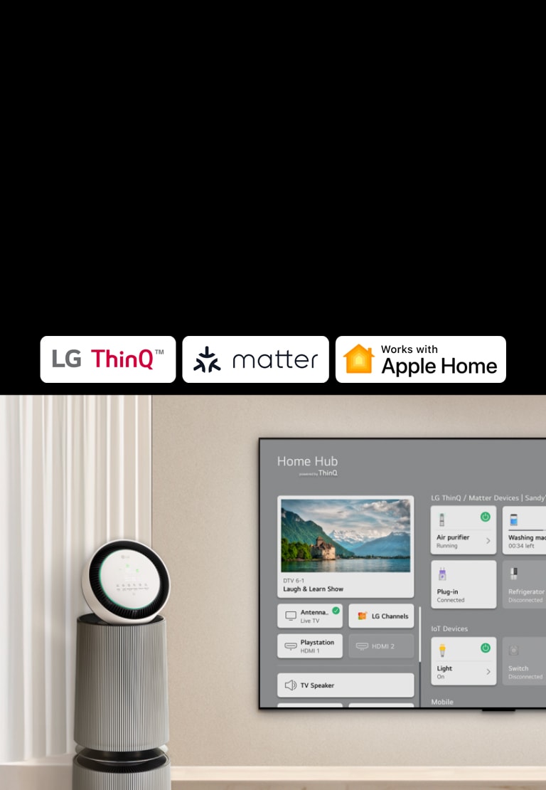 A logo of LG ThinQ?, matter, and Apple Home.  An LG TV mounted on a wall and an LG PuriCare? Objet Collection 360° on the left. The TV displays Home Hub and a cursor clicks "Air purifier" and the LG PuriCare? Objet Collection 360° is activated.