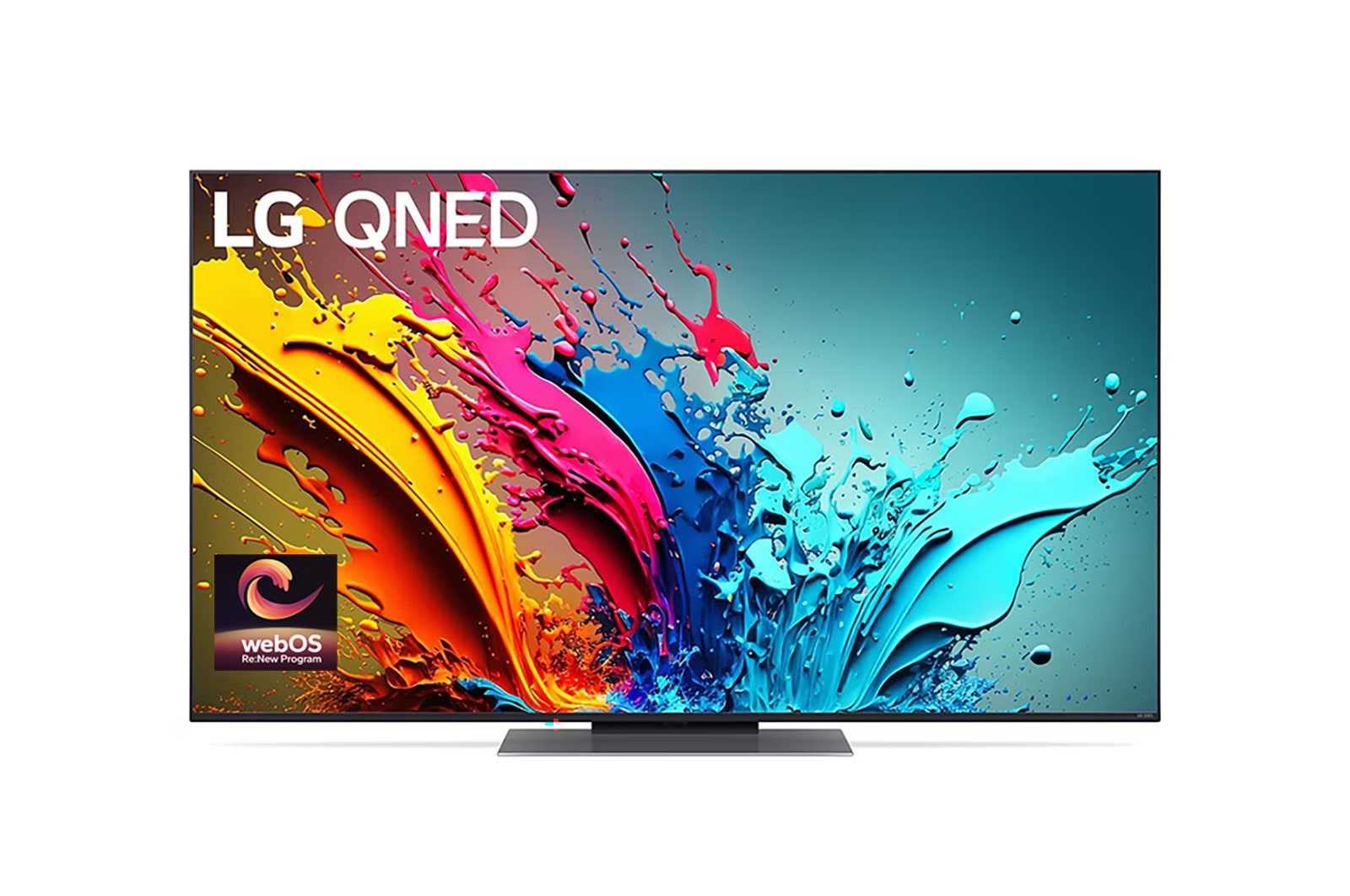 Front view of LG QNED TV, QNED86 with text of LG QNED AI, 2024, and webOS Re:New Program logo on screen