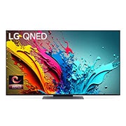 Front view of LG QNED TV, QNED86 with text of LG QNED AI, 2024, and webOS Re:New Program logo on screen