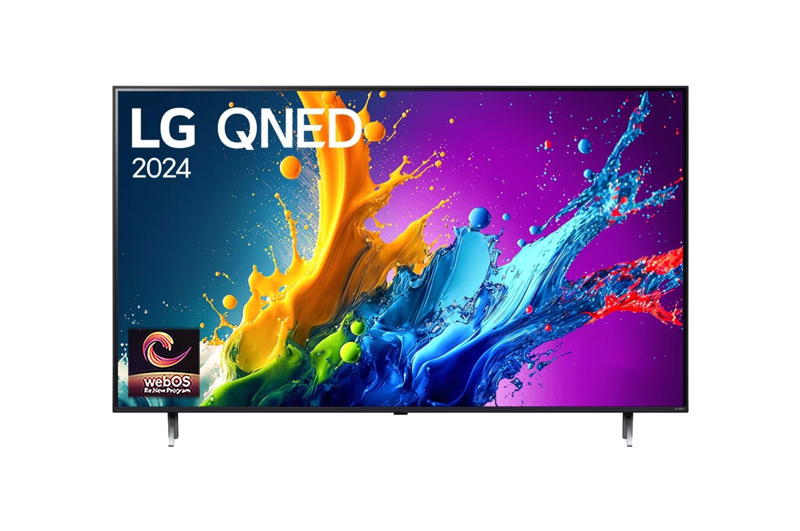 Front view of LG QNED TV, QNED80 with text of LG QNED AI, 2024, and webOS Re:New Program logo on screen