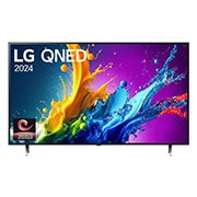Front view of LG QNED TV, QNED80 with text of LG QNED AI, 2024, and webOS Re:New Program logo on screen