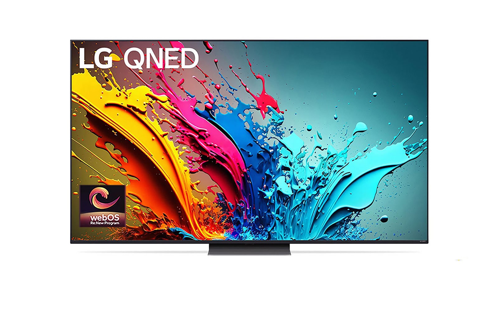 Front view of LG QNED TV, QNED86 with text of LG QNED AI, 2024, and webOS Re:New Program logo on screen