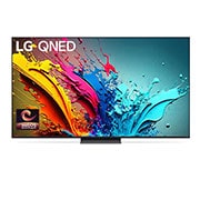 Front view of LG QNED TV, QNED86 with text of LG QNED AI, 2024, and webOS Re:New Program logo on screen
