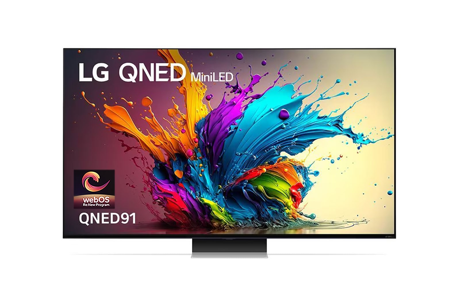 Front view of LG QNED MiniLED TV, QNED91 with text of LG QNED MiniLED AI, 2024, and webOS Re:New Program logo on screen