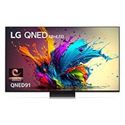 Front view of LG QNED MiniLED TV, QNED91 with text of LG QNED MiniLED AI, 2024, and webOS Re:New Program logo on screen