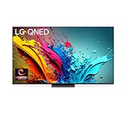 Front view of LG QNED TV, QNED86 with text of LG QNED AI, 2024, and webOS Re:New Program logo on screen