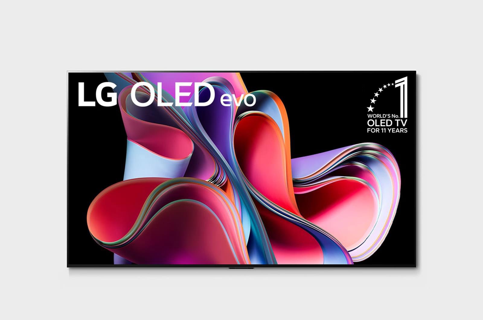 Front view with LG OLED evo, 10 Years World No.1 OLED Emblem, and 5-Year Panel Warranty logo on screen