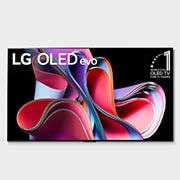 Front view with LG OLED evo, 10 Years World No.1 OLED Emblem, and 5-Year Panel Warranty logo on screen
