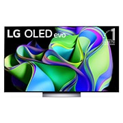 Front view with LG OLED evo and 11 Years World No.1 OLED Emblem on screen, as well as the Soundbar below. 