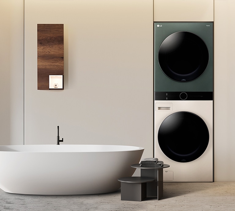 LG Objet WashTower? presents a harmonious interior that fits perfectly with the built-in furniture in the bathroom.