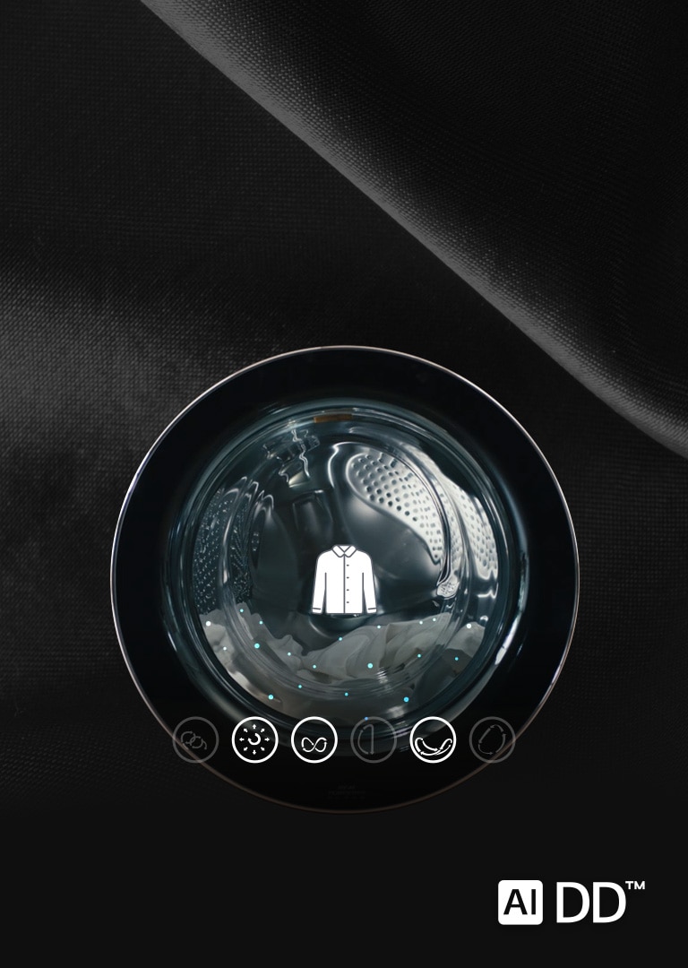 In the video, there is only the door of the front loader washing machine, and each icon related to the washing pattern changes for intelligent fabric care as the washing machine with the laundry progresses. The AI DD? logo is shown in bottom right corner of the video.