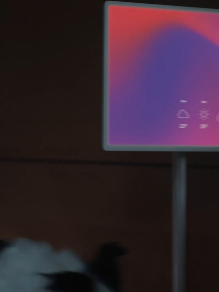 A dog walks past the LG StanbyMe screen displaying the words &quot;Good morning.“
