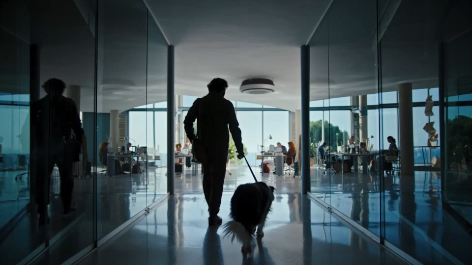 A man holding a dog leash heads to an office.