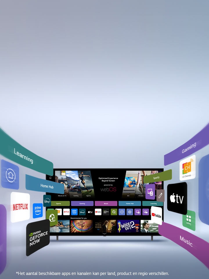 LG Smart TV met het webOS-startscherm met entertainment-apps en LG Channels gebruikersinterface-elementen die op dynamische vermenigvuldigen, waardoor uiteindelijk meer dan 4000 wereldwijde apps en kanalen worden getoond.