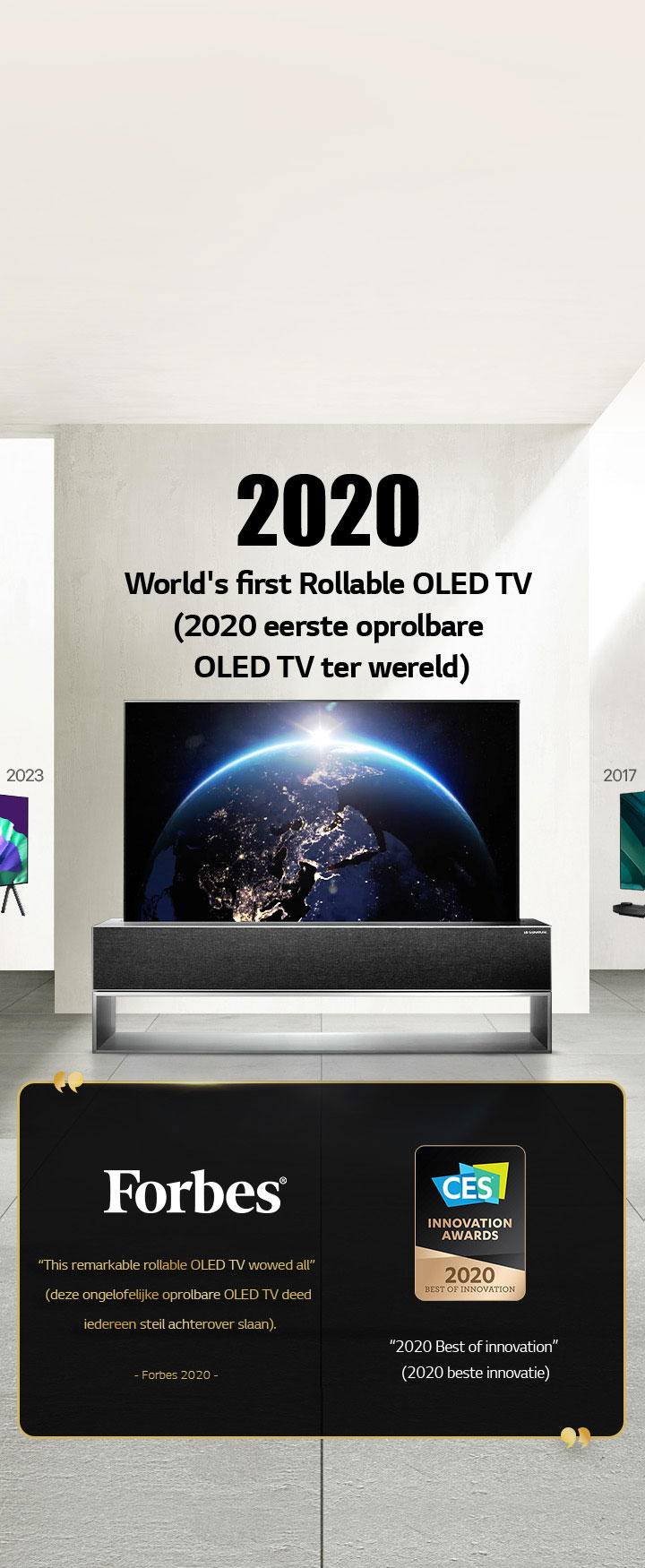 LG TV. Titel is “2020 World's first Rollable OLED TV” (2020 eerste oprolbare OLED TV ter wereld). Prijsvermeldingen staan ernaast. “Forbes, this remarkable rollable OLED TV wowed all” (Forbes, deze ongelofelijke oprolbare OLED TV deed iedereen steil achterover slaan). “2020 Best of Innovation award” (2020 beste innovatie-prijs) van CES Innovation Awards.