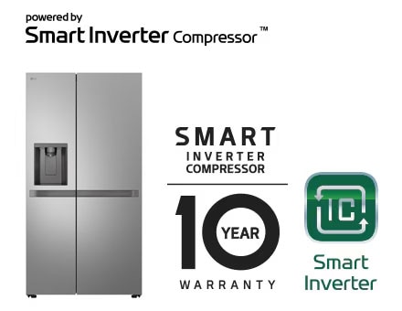 Afbeelding van product met de logo’s Smart Inverter Compressor? en 10 jaar garantie.