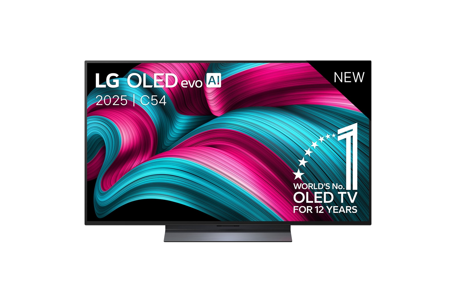 Vooraanzicht van LG OLED evo AI C5 4K Smart TV. 12 jaar nummer 1 OLED-embleem ter wereld en het LG OLED evo AI 2025-logo staan ??op het scherm.