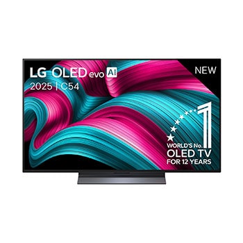 Vooraanzicht van LG OLED evo AI C5 4K Smart TV. 12 jaar nummer 1 OLED-embleem ter wereld en het LG OLED evo AI 2025-logo staan ??op het scherm.