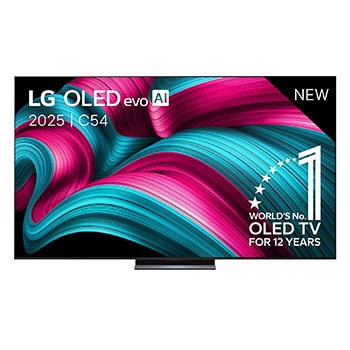 Vooraanzicht van LG OLED evo AI C5 4K Smart TV. 12 jaar nummer 1 OLED-embleem ter wereld en het LG OLED evo AI 2025-logo staan ??op het scherm.