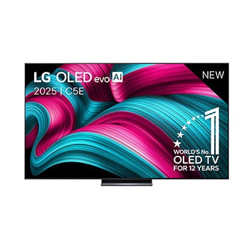 Vooraanzicht van LG OLED evo AI C5 4K Smart TV. 12 jaar nummer 1 OLED-embleem ter wereld en het LG OLED evo AI 2025-logo staan ??op het scherm.