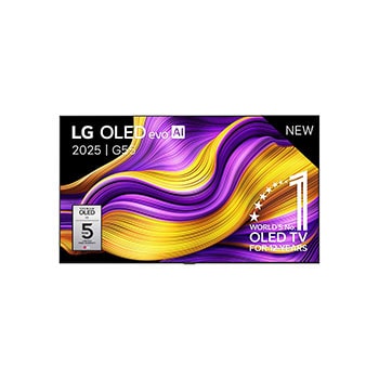Vooraanzicht van LG OLED evo AI G5 4K Smart TV. 12 jaar nummer 1 OLED-embleem ter wereld en het LG OLED evo AI 2025-logo staan ??op het scherm.