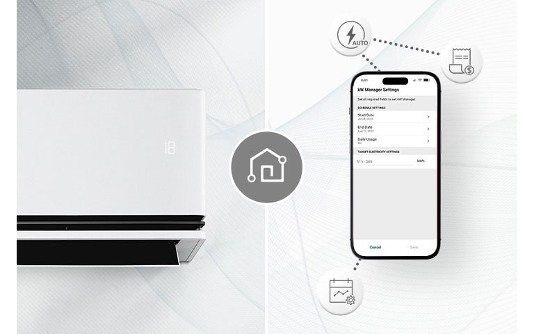 Een airconditioner en een smartphone met LG ThinQ?-scherm. Pictogrammen introduceren ThinQ-functies rondom de mobiele telefoon.