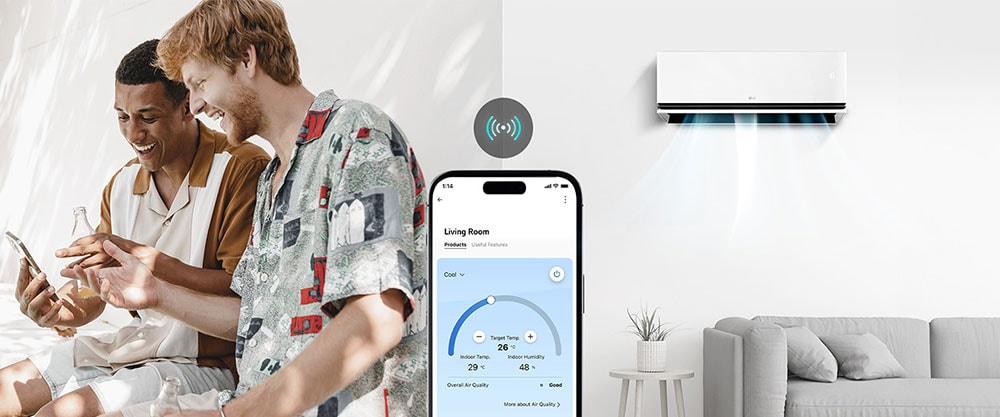 Wanneer je nog buiten bent kun je je huis vooraf koelen voordat je thuiskomt door de airconditioner aan te zetten met ThinQ?.