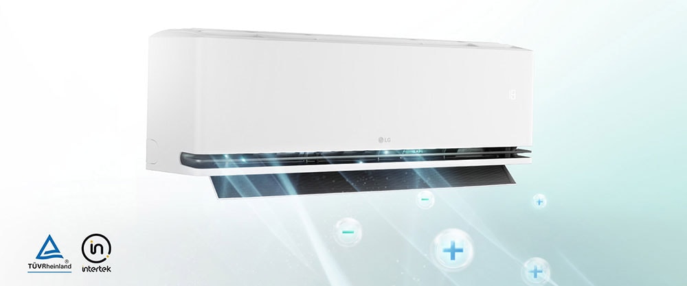 Bellen met plus- en minteken bewegen door de lucht dankzij de Plasmaster Ionisator. Plus minus ionenbellen rondom bacteri?n.