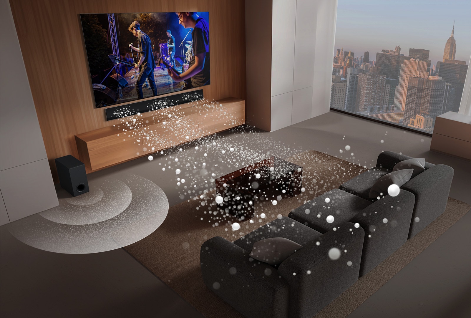 LG Soundbar, LG TV und ein Subwoofer befinden sich in einem Wohnzimmer in einem Wolkenkratzer und spielen eine Musikaufführung. Drei Zweige wei?er, aus Tr?pfchen bestehender Schallwellen ragen aus der Soundbar und ein Subwoofer erzeugt einen Klangeffekt von unten. Dolby Atmos-Logo DTS X-Logo	