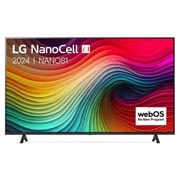 Vooraanzicht van LG NanoCell TV, NANO81 met tekst van LG NanoCell, 2024, en webOS Re:New Program-logo op het scherm