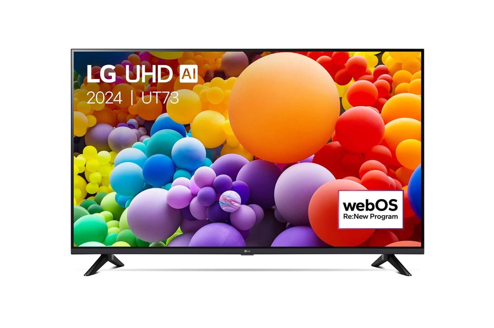 Vooraanzicht van LG UHD TV, UT73 met tekst van LG UHD AI ThinQ, 2024, en webOS Re:New Program-logo op het scherm