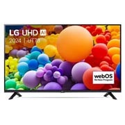 Vooraanzicht van LG UHD TV, UT73 met tekst van LG UHD AI ThinQ, 2024, en webOS Re:New Program-logo op het scherm
