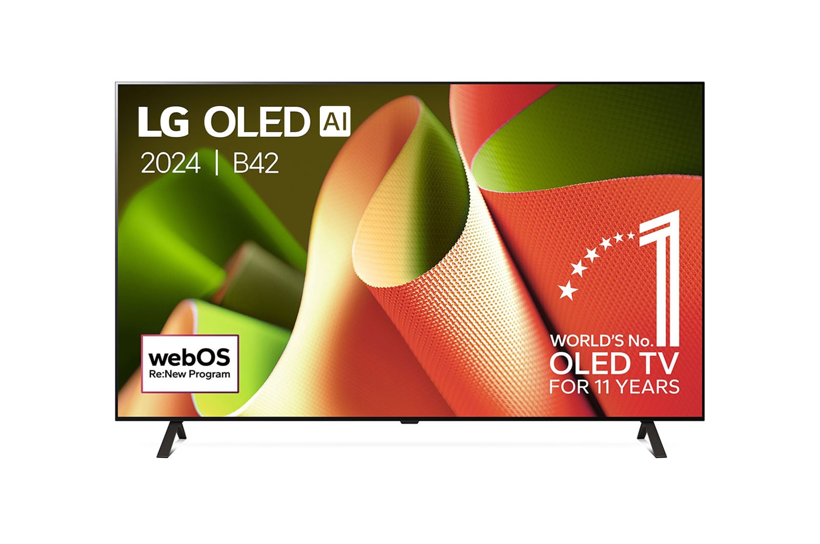 Vooraanzicht van LG OLED evo TV, OLED C4, 11 jaar wereldwijd nummer 1 OLED-embleemlogo en webOS Re:New Program-logo op het scherm